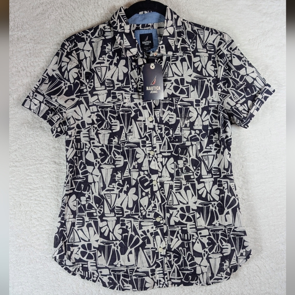 525-Nautica‎ Abstract Black and Cream Shirt